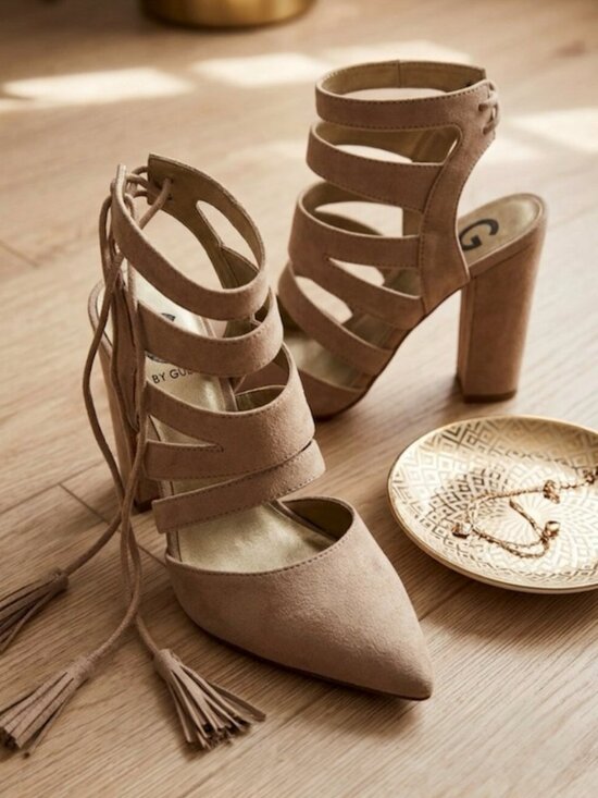 G by Guess Shoes - G by Guess Tan Faux Suede Lace Up Tassel Block Heel Pumps Size 7